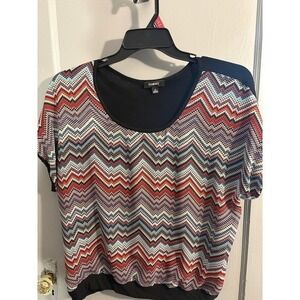 Elementz Retro Modern Red White Blue Zigzag Pattern Blouse XL